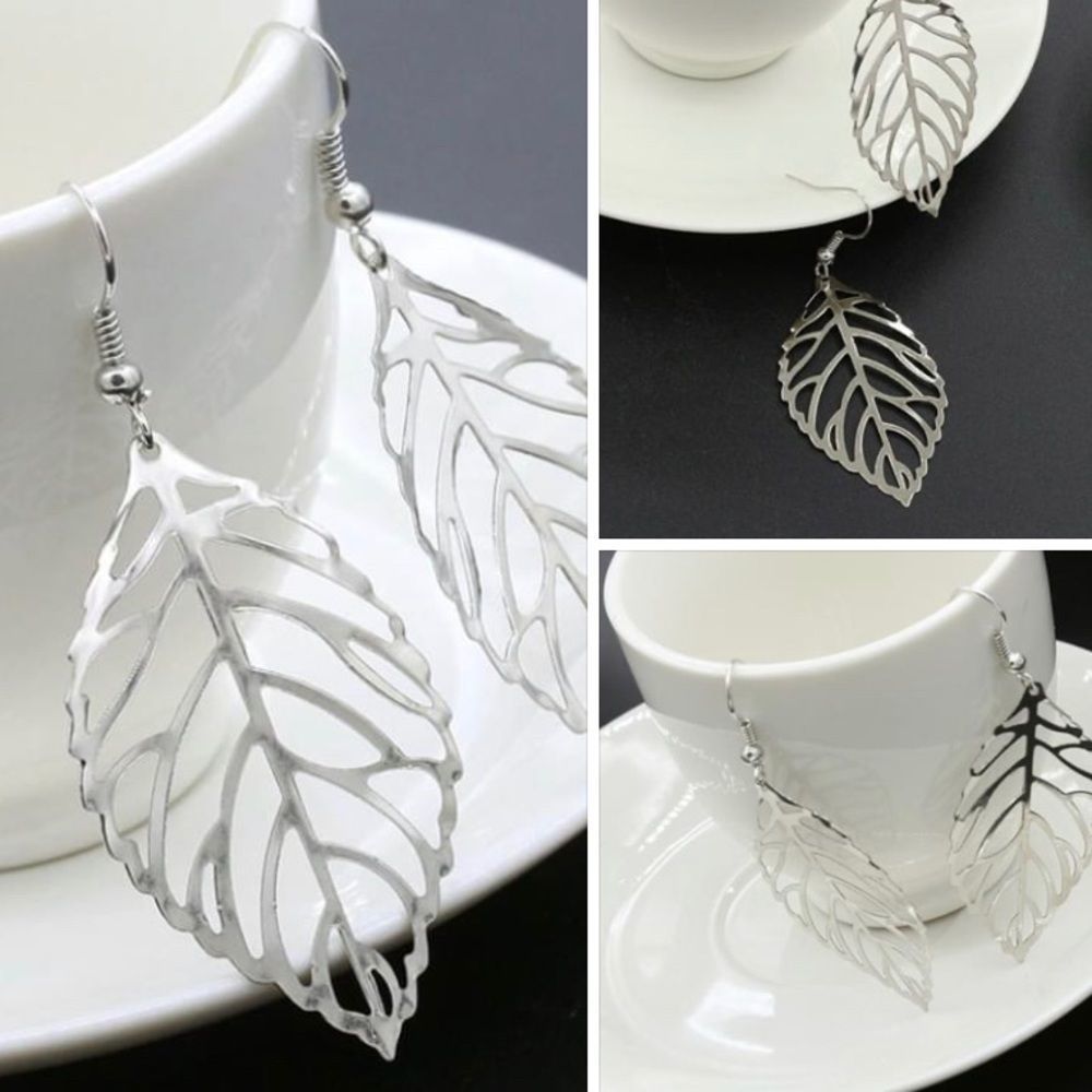 Earrings paper thin LEAF EARRING silver tone lightweight dangle hanging